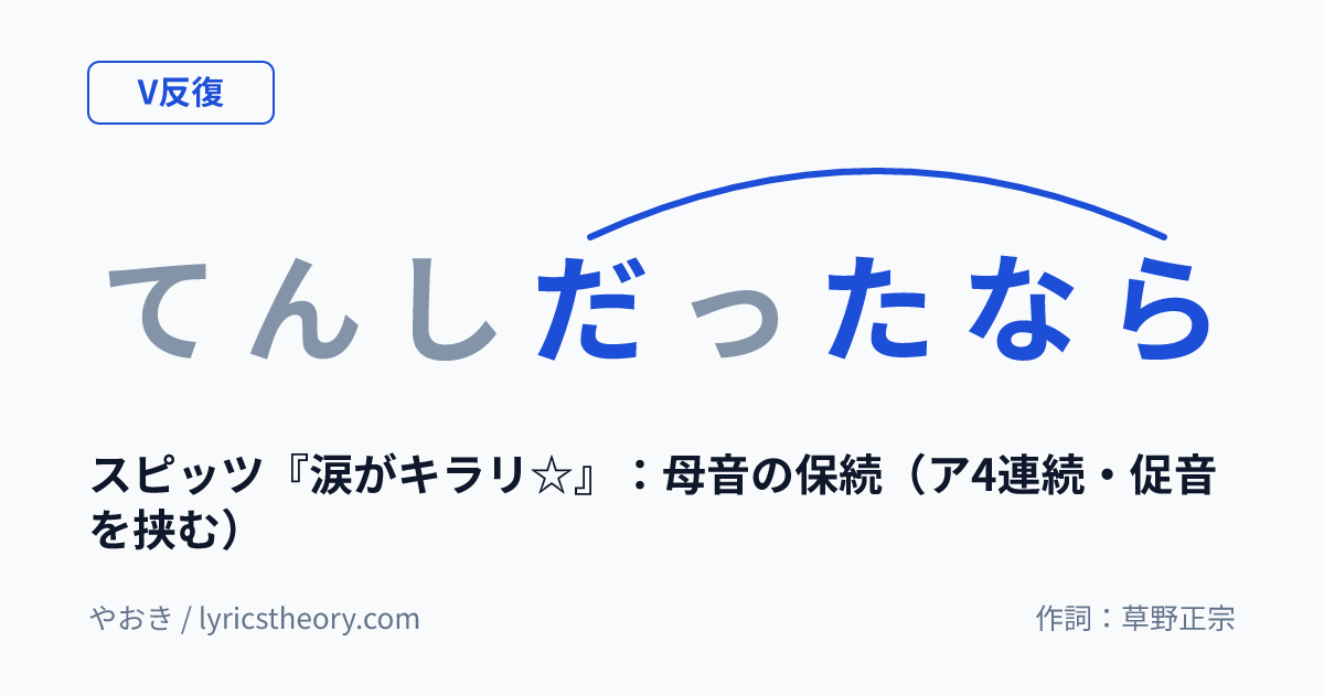 図: スピッツ『涙がキラリ☆』：母音の保続（ア4連続・促音を挟む）